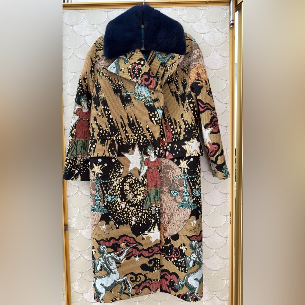 Zara Atelier Collection Jacquard Zodiac Signs and Faux Fur Collar Car Coat